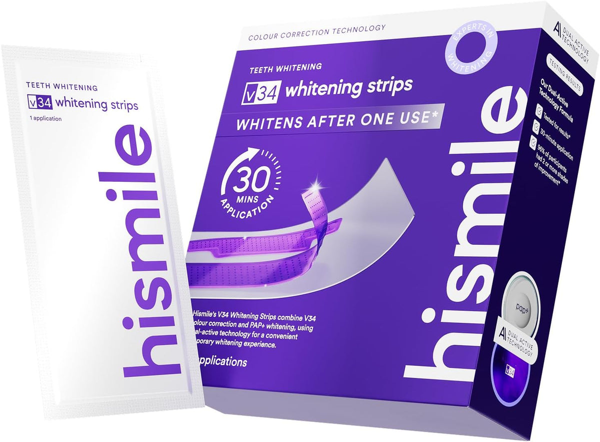 V34 Purple Teeth Whitening Strips, 14 Count, Peroxide-Free, Brightens Teeth in 30 Minutes, Combines Whitening and Colour Correction