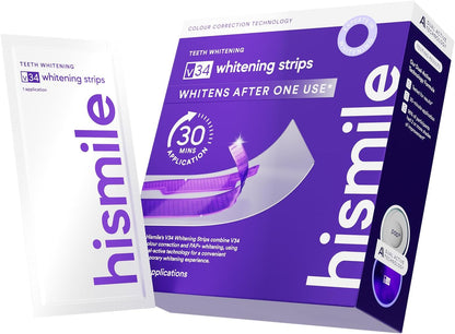 V34 Purple Teeth Whitening Strips, 14 Count, Peroxide-Free, Brightens Teeth in 30 Minutes, Combines Whitening and Colour Correction