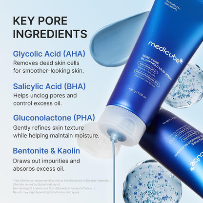 Zero Pore Blackhead Mud Facial Mask - Skin Cooling & Pore Tightening - 3 Minute Quick Dry Formula with AHA, BHA, PHA, and Pore-Purifying Clay - Korean Mud Mask 100G