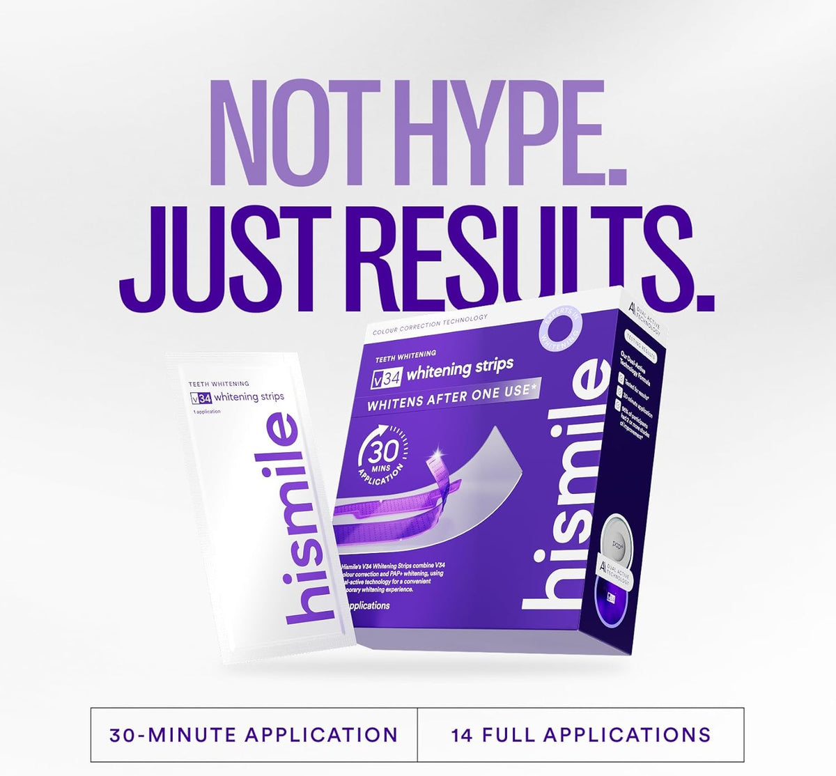 V34 Purple Teeth Whitening Strips, 14 Count, Peroxide-Free, Brightens Teeth in 30 Minutes, Combines Whitening and Colour Correction