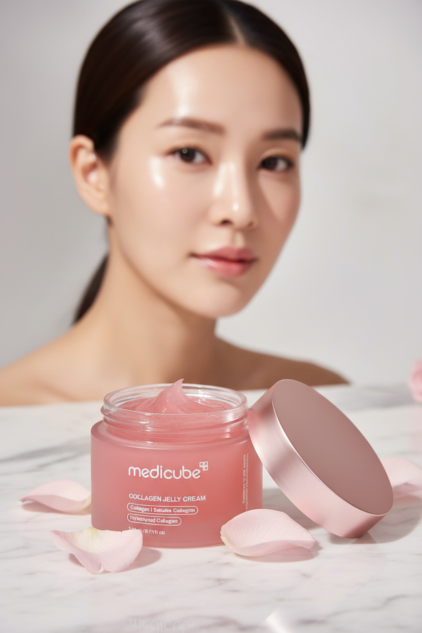 Hero campaign - open jelly cream jar on marble with glowing model