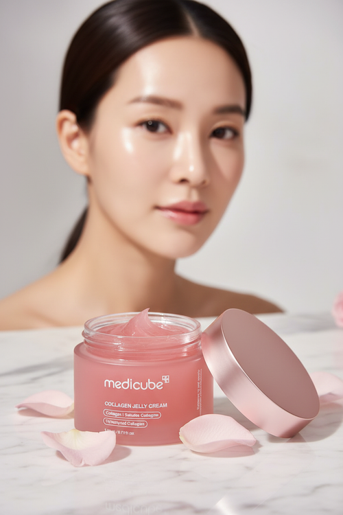 Hero campaign - open jelly cream jar on marble with glowing model
