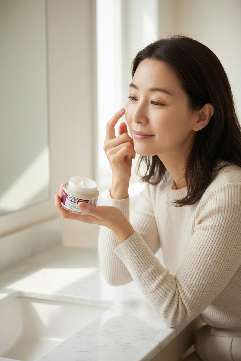 Lifestyle - woman applying Dr.Melaxin eye cream, morning routine