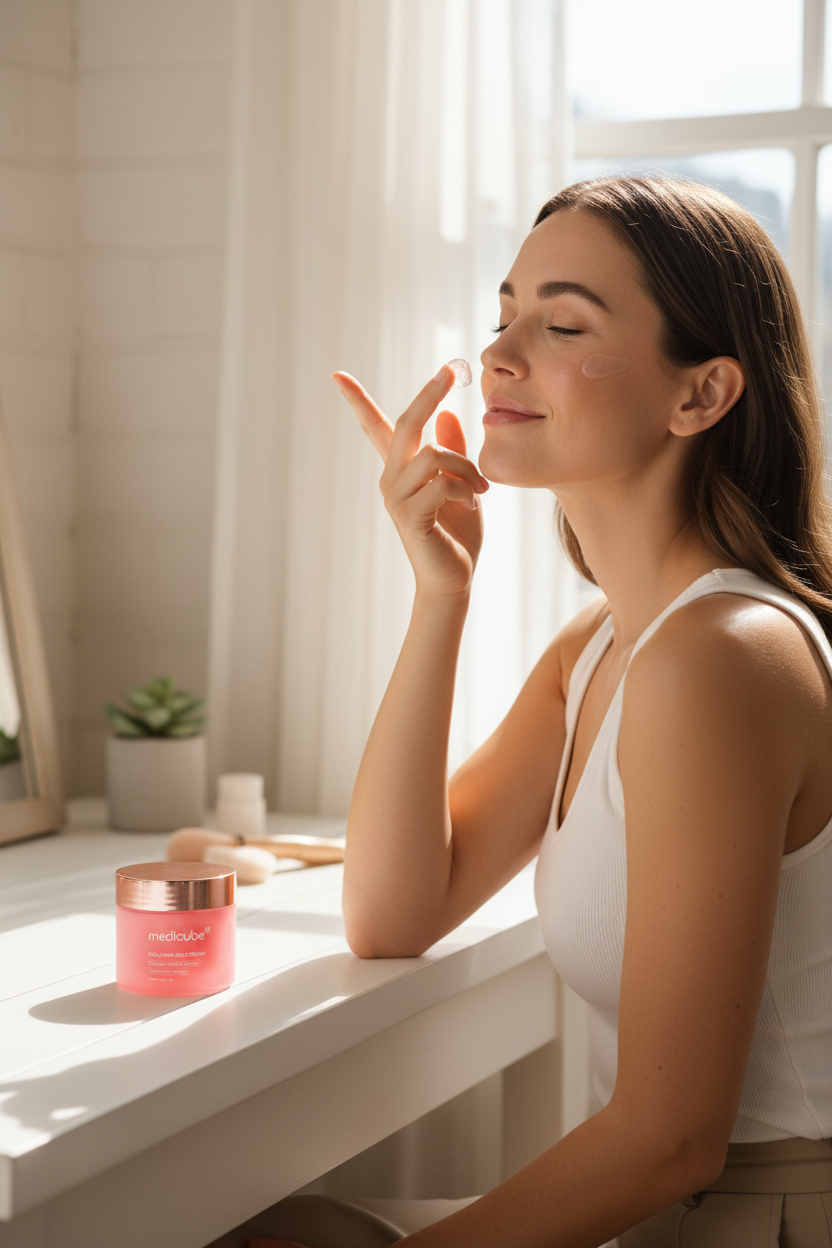 Lifestyle - woman applying jelly cream, morning light
