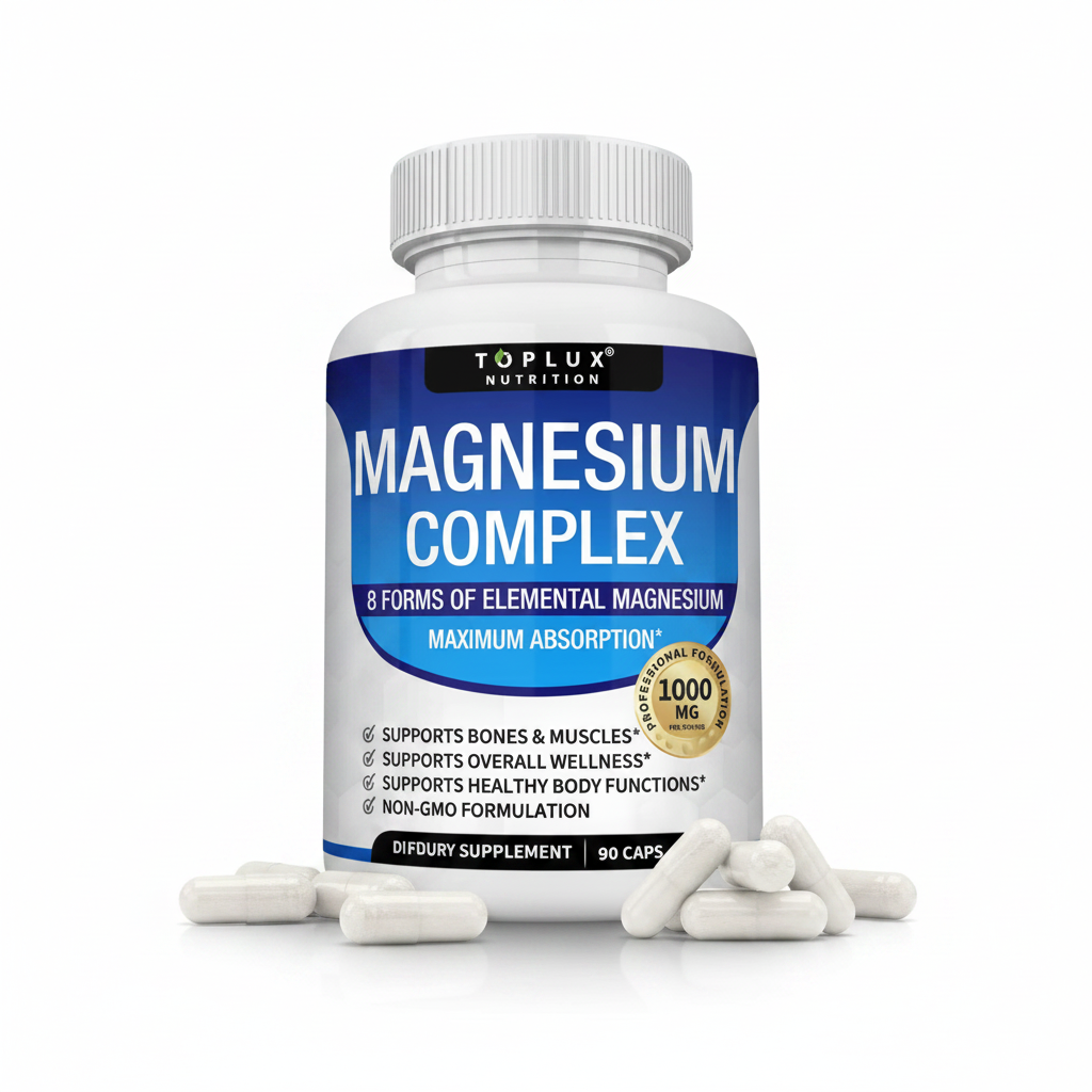 Clean white background product shot - Toplux Magnesium Complex bottle