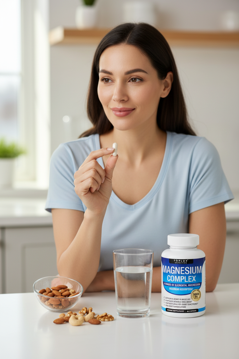 Lifestyle - woman taking magnesium supplement with glass of water