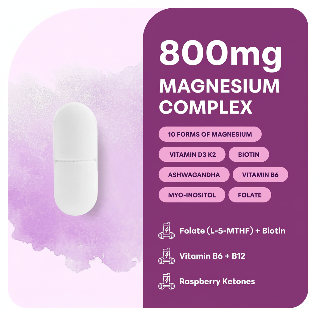 800mg Magnesium Complex capsule ingredients breakdown - 10 forms, D3 K2, Ashwagandha, Biotin