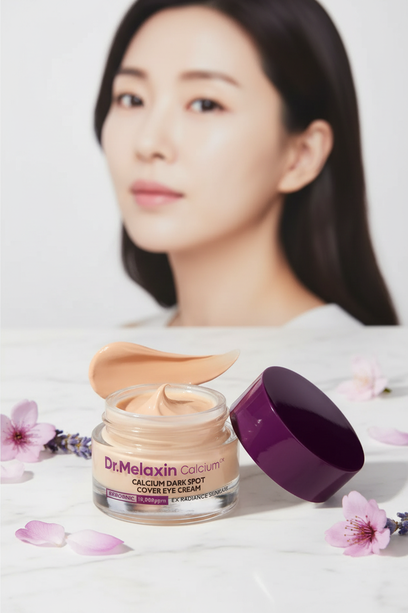 Hero campaign - eye cream jar on marble with bright-eyed model