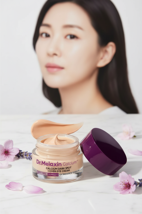 Hero campaign - eye cream jar on marble with bright-eyed model