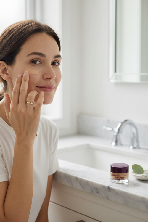 Lifestyle - woman applying eye cream, morning light
