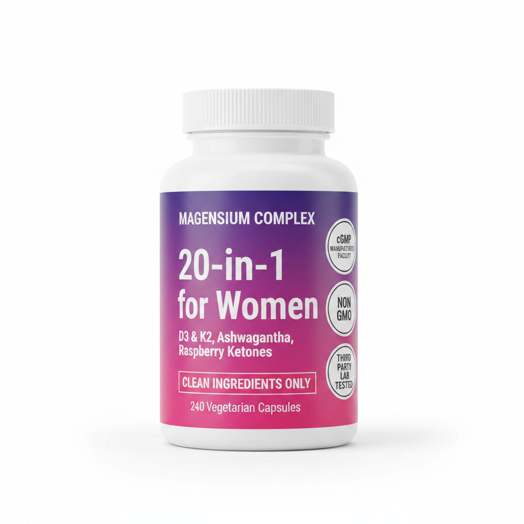 Official product shot - Magnesium Complex for Women with cGMP, Non-GMO and Lab Tested badges