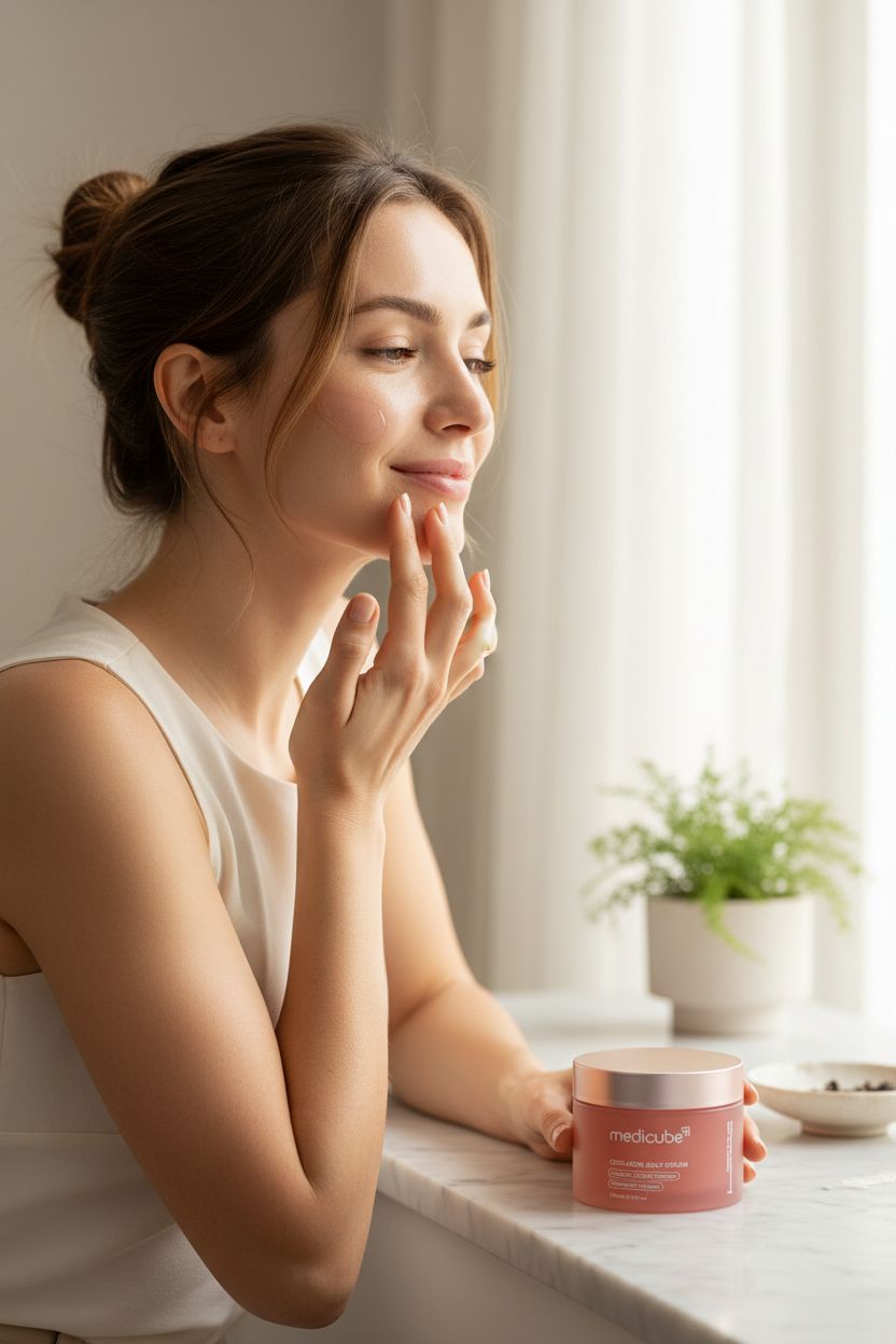 Lifestyle - woman applying jelly cream, morning light