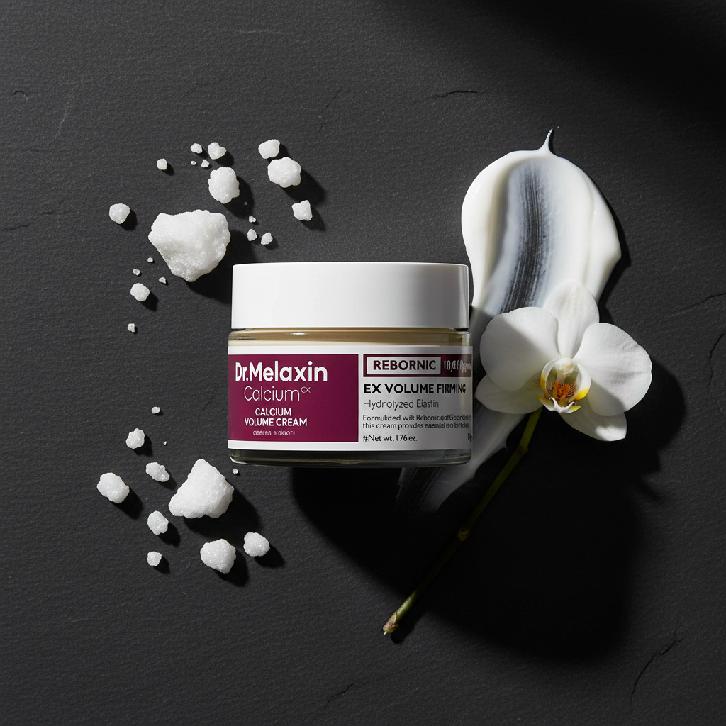 Luxury flat lay - Dr.Melaxin eye cream with orchid and crystals