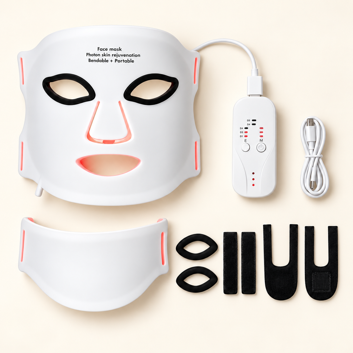 VELORA white LED face and neck mask kit with wired controller, charging cable, eye pads and straps