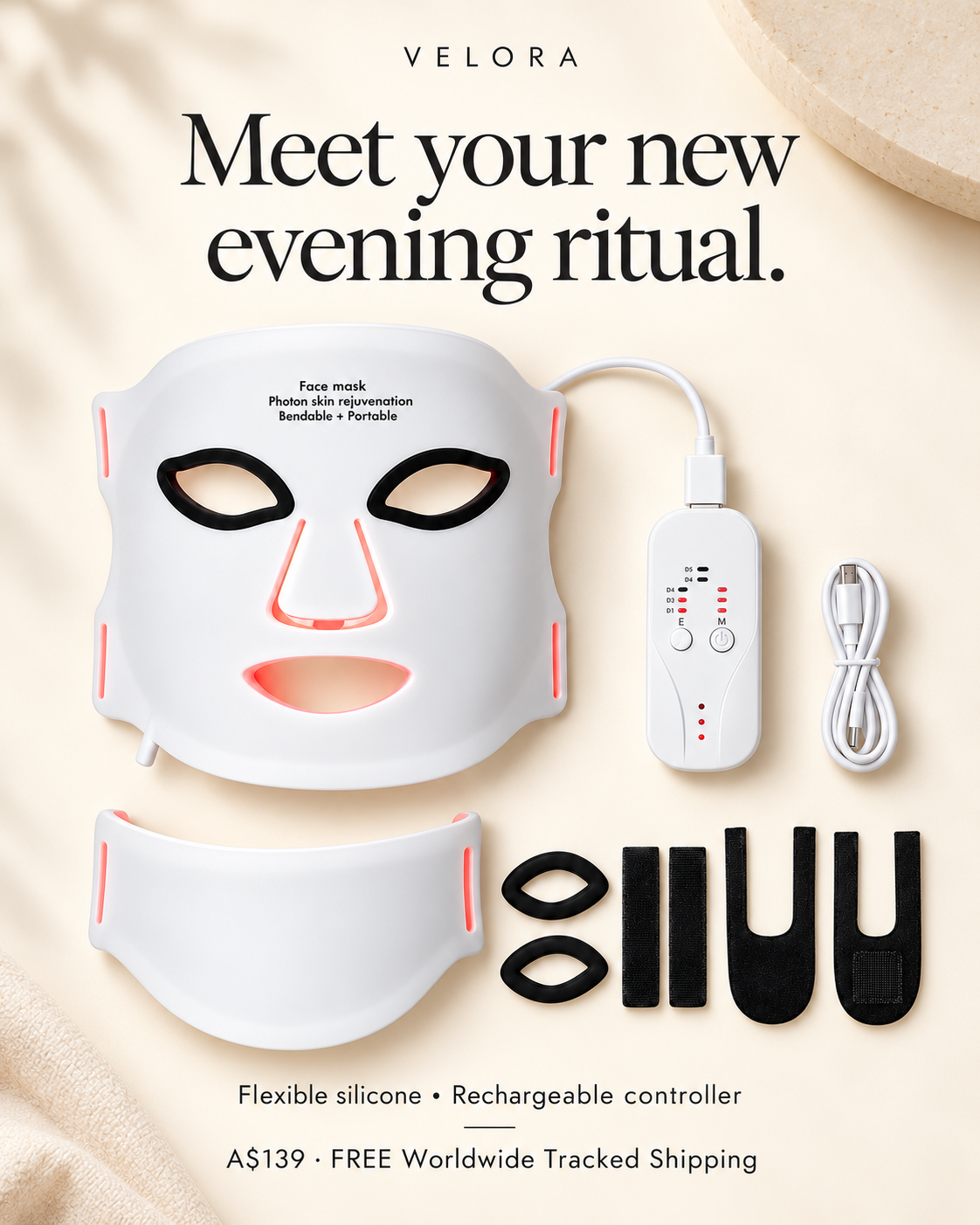 VELORA white flexible silicone LED mask kit — A$139 with free worldwide tracked shipping