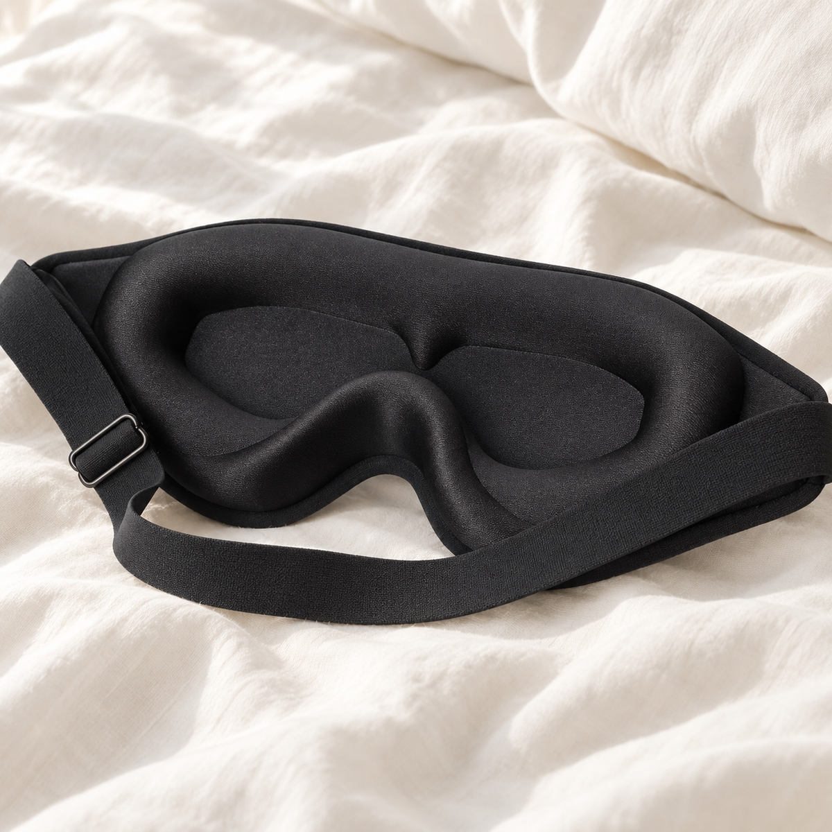 Black 3D sleep mask showing contoured eye cups and adjustable strap